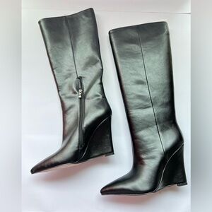Black Wedge Knee-High Boots - Women